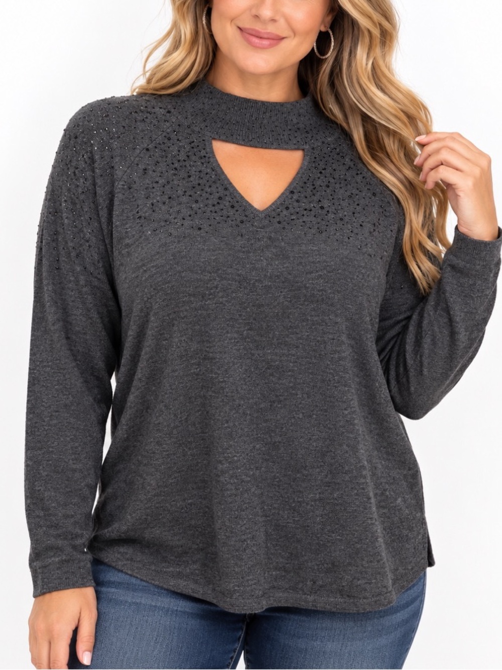 Cable & Gauge Charcoal Gray Lightweight Rhinestone Sweater- Medium
